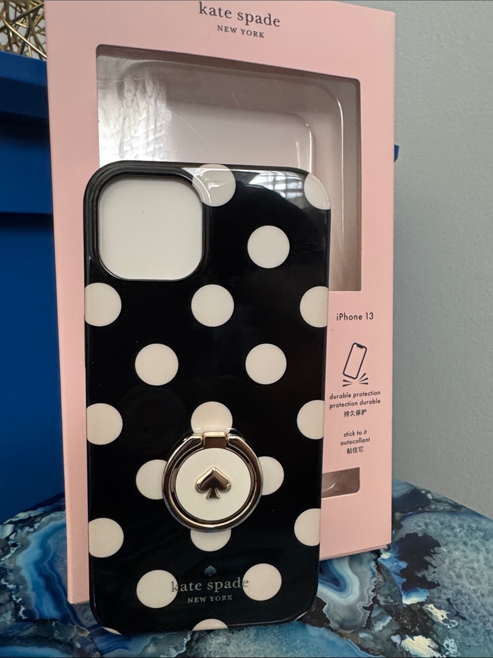 kate spade Black and White Polka Dot iPhone 13 Case with Gold Ring Grip